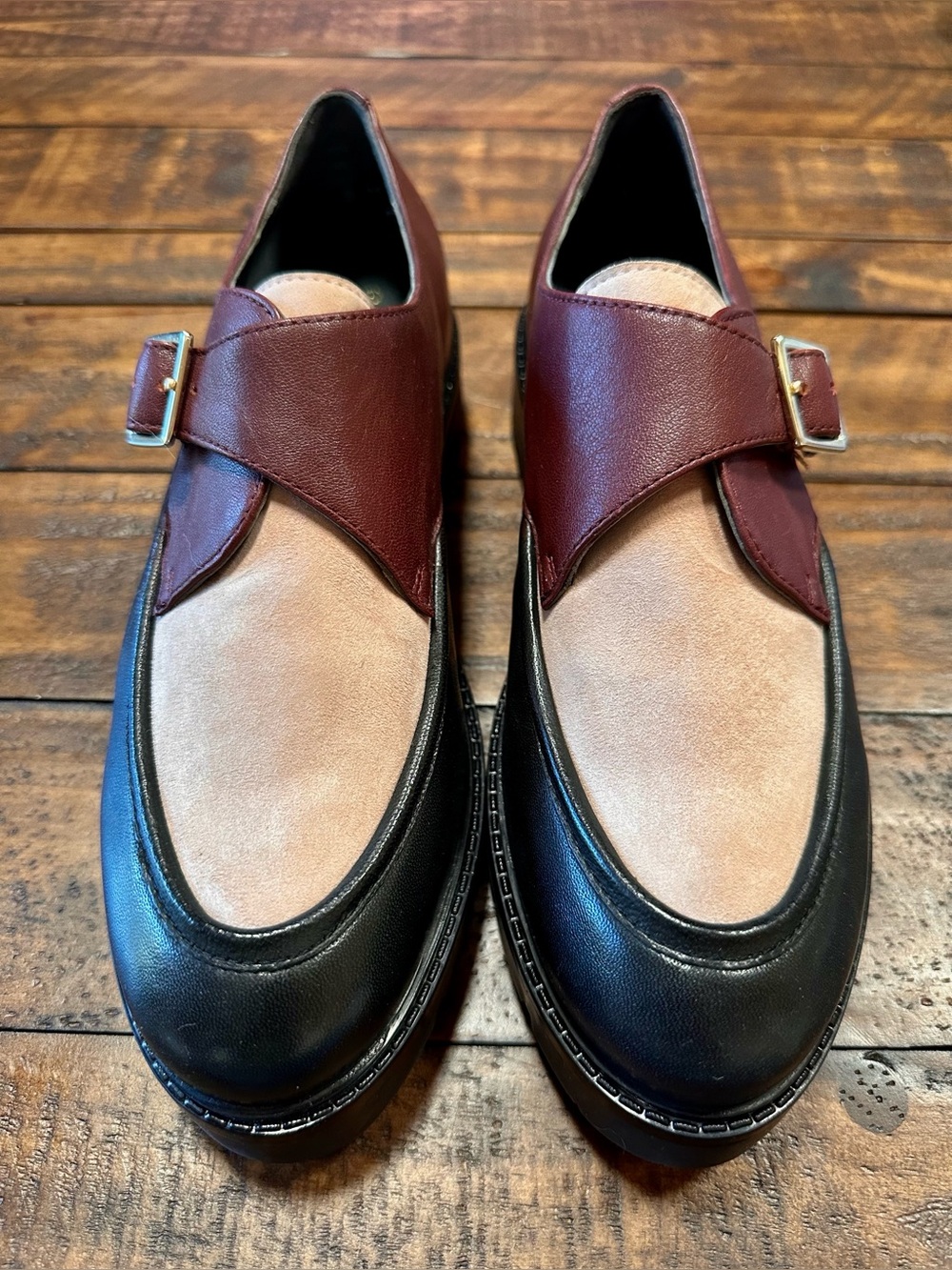 🫶 Seychelles Catch Me Platform Monk Strap Loafers Burgundy Blush Black Size 9